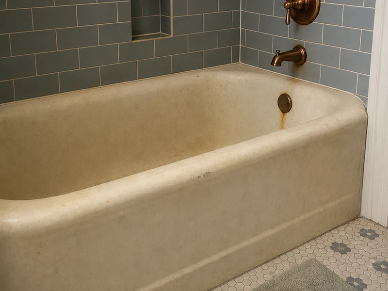 Rust-stained worn porcelain cast-iron tub before reglazing in a Centennial bungalow, Redwood City