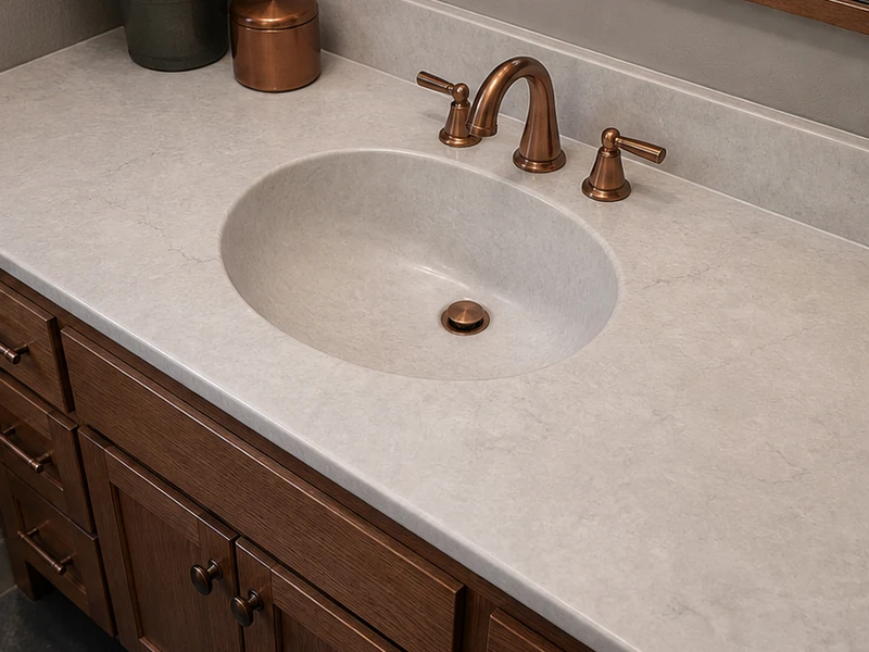Refinished stone-look vanity countertop in a Farm Hill bathroom, Redwood City