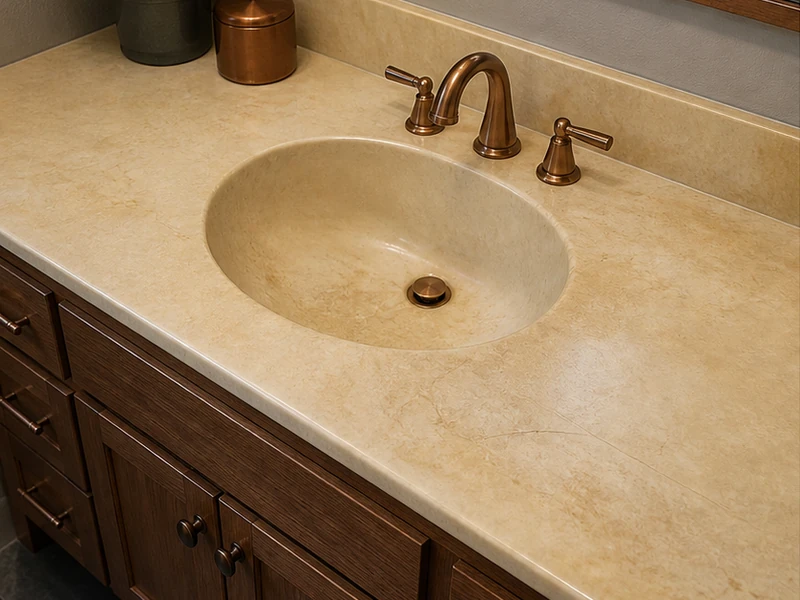 Yellowed, etched cultured-marble vanity top before refinishing in a Farm Hill home, Redwood City