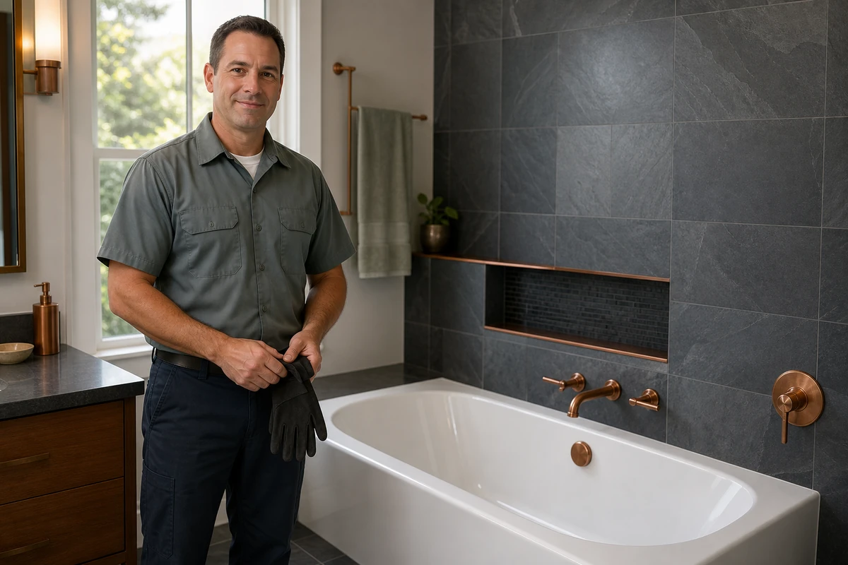 Uniformed Redwood City Tub Refinishing technician beside a finished glossy white tub in a Peninsula bathroom