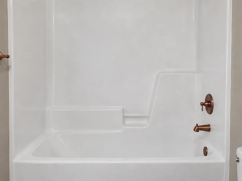 Refinished glossy white fiberglass tub-shower combo in a Redwood Shores condo, Redwood City