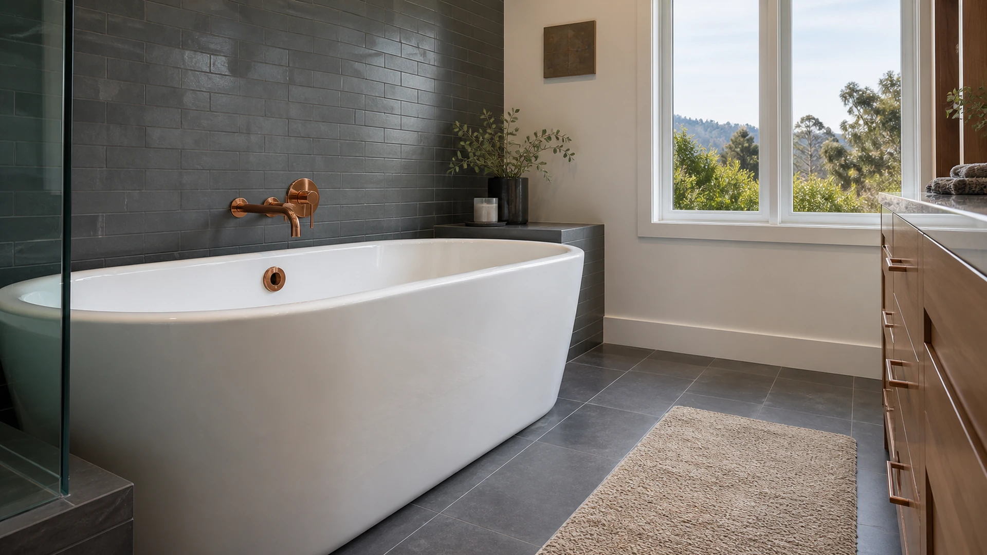 Refinished glossy white bathtub in a renovated Emerald Hills bathroom, Redwood City