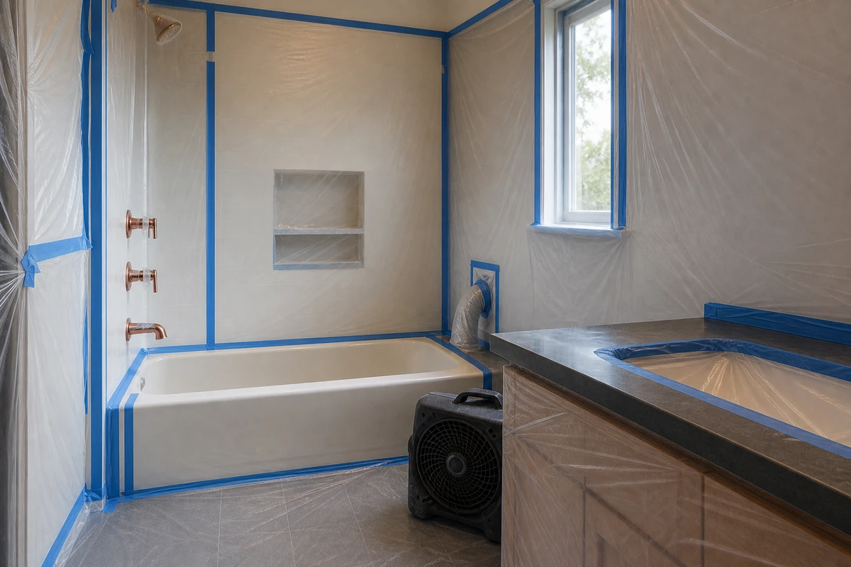 Bathroom masked with tape and containment film and a ventilation fan before reglazing in Redwood City