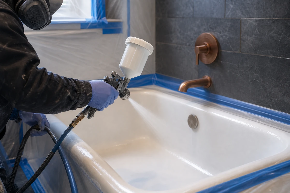 Technician in a respirator spraying an even acrylic-urethane coat onto a bathtub in Redwood City