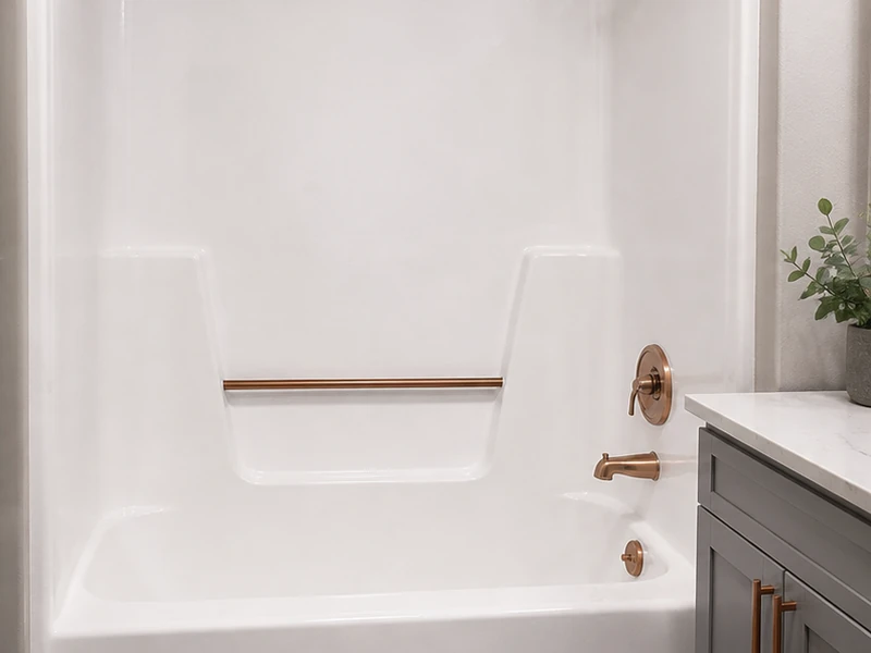 Refinished bright white fiberglass shower surround in a Redwood Shores condo, Redwood City