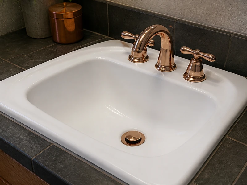 Reglazed glossy white porcelain bathroom sink in a Centennial home, Redwood City