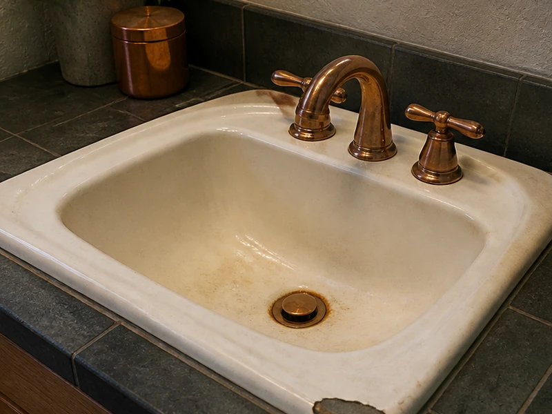 Chipped, rust-stained vintage porcelain sink before reglazing in a Centennial home, Redwood City